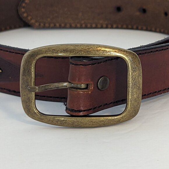 Vintage Leather Belt Geometric Diamond Pattern Western Bronze Tone Hardware - Picture 4 of 8